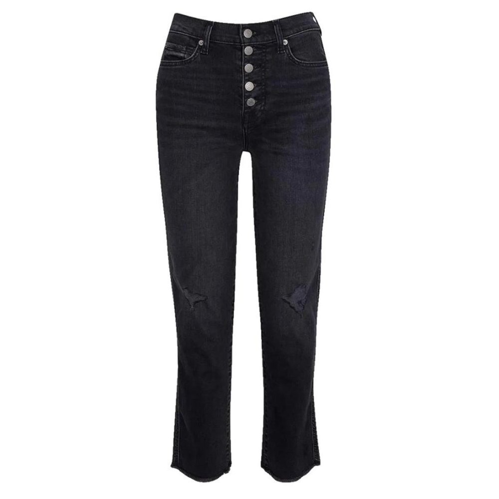 7 For All Mankind High Waist Cropped Straight Leg Black Jeans Size 27 Ripped